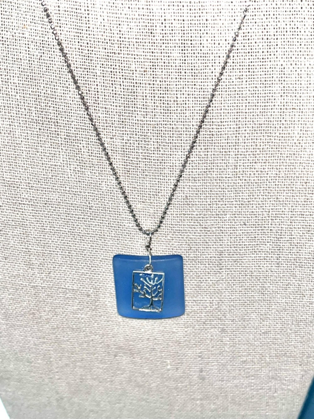 Blue Square Frosted Beach Glass 925 Sterling Tree of Life overlay on 925 chain